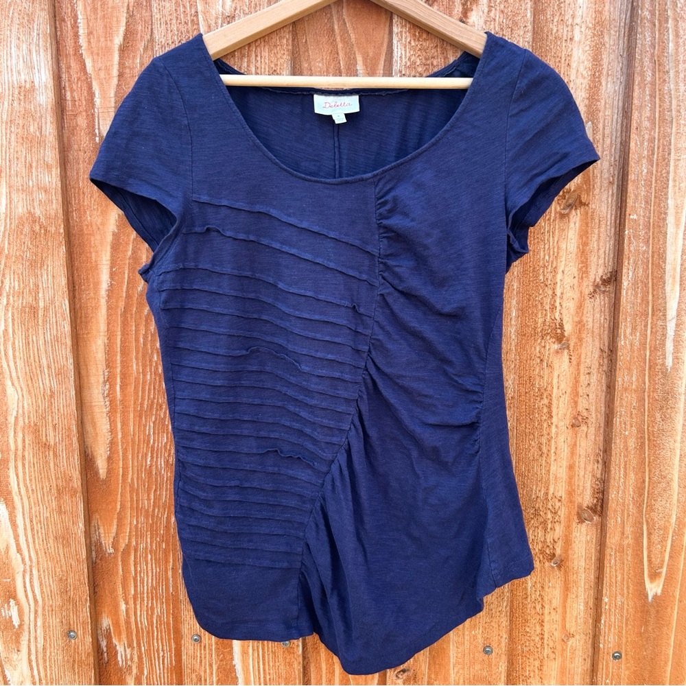 Anthropologie Deletta Navy Blue Gathered Short Sleeve Top Preppy Feminine Size M